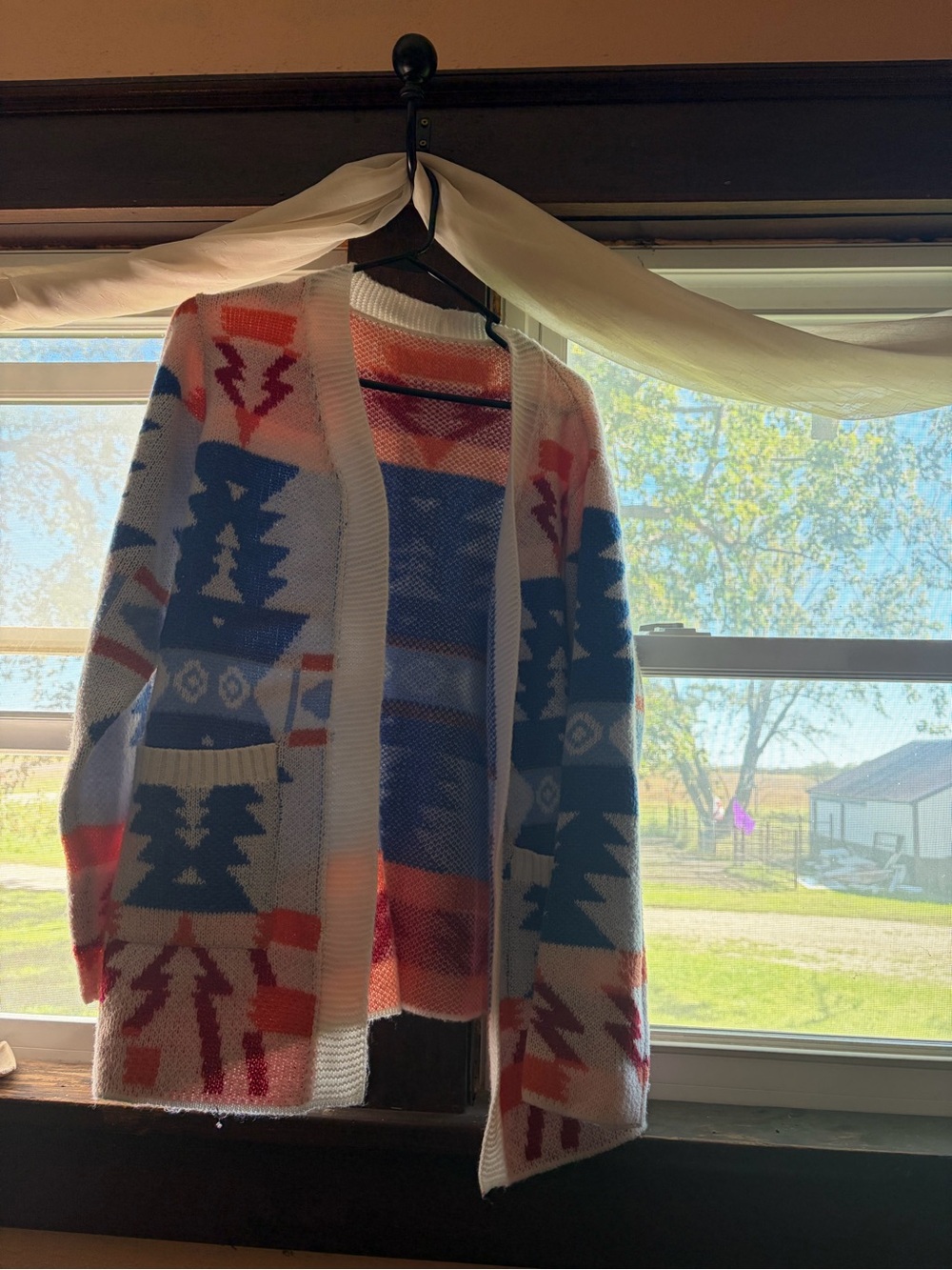 Open-Front Aztec Pattern Cardigan Sweater - Blue & Coral